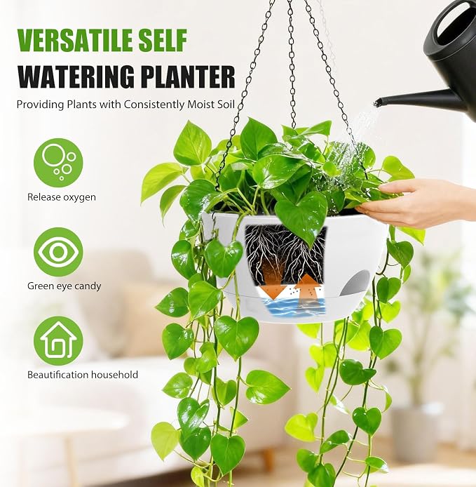 8 Inch Hanging Planters for Indoor Outdoor Plants, 4 Pack White Plastic Self Watering Hanging Baskets with Drainage Holes and Chain for Garden Porch