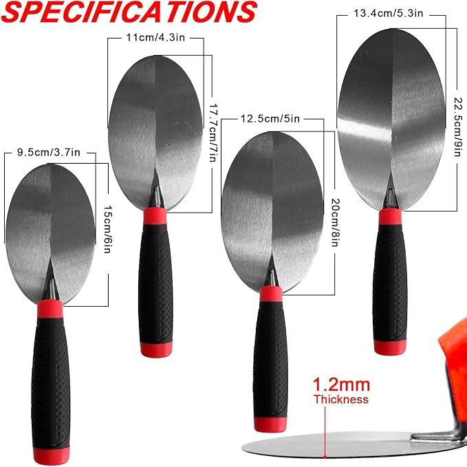 4 Pack Bricklaying Margin Trowel Set, 6” 7” 8” & 9” Carbon Steel Gauging Trowel, Masonry Trowel Hand Tool Kit for Brickwork, Concrete, Cement, Plaster, Tile Construction Projects