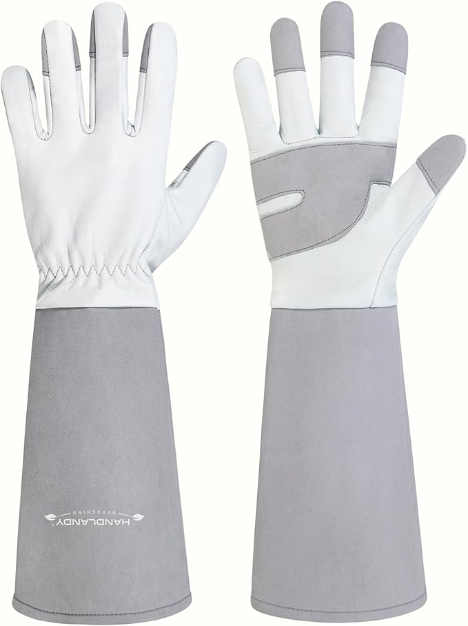 HANDLANDY Long Gardening Gloves for Men & Women, Thorn Proof Rose Pruning Gloves Leather Gauntlets Garden Glove Yard Work Glove (Silver Gray, Large)