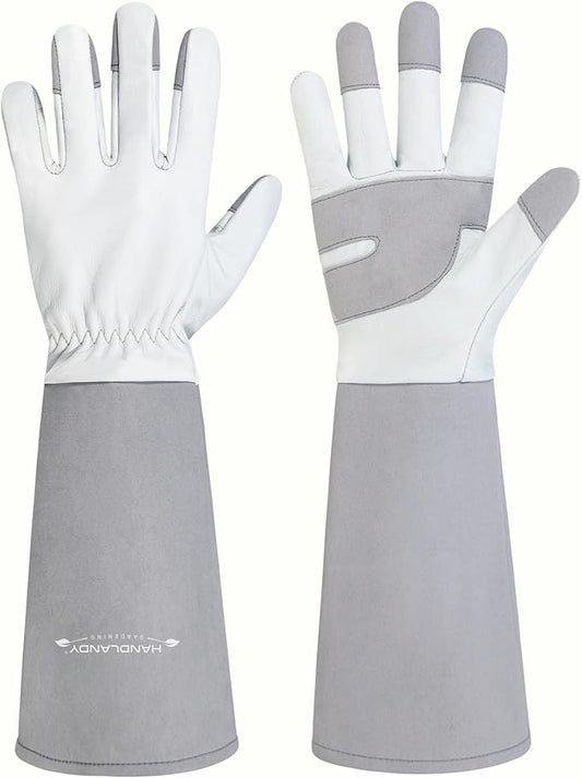 HANDLANDY Long Gardening Gloves for Men & Women, Thorn Proof Rose Pruning Gloves Leather Gauntlets Garden Glove Yard Work Glove (Silver Gray, Large)