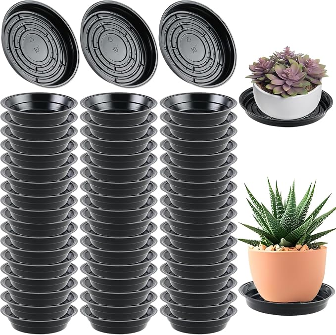 50 Packs 10 Inches Large Plant Saucers for Indoor Outdoor Use Heavy Duty Plastic Plant Plate Dish for Planter Bulk Round Flower Pot Drip Trays to Catch Water 4 to 20 Inch, Black