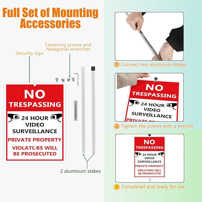 No Trespassing Private Property Sign Yard Sign With Stakes Video Surveillance Reflective Aluminum Yard Signs Rust Free For Lawn Garden Neighborhood (8x12) IN