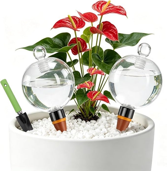 2 Pcs Plant Self Watering Globes with Covers，Self Watering Planter Insert,Automatic Plant Waterer Indoor ，17.5 oz Watering Bulbs with Terracotta Watering Spikes with Shovel(clera)