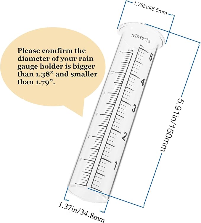 5" Capacity Rain Gauge Glass Replacement Tube, Lip Design, Great for Yard Garden Outdoor Home (1 Pcs)