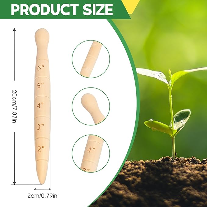 Wooden Seed Dibber with Measurement Handheld Ergonomic Round Handle Quick Efficient Seed Planter Tool Tapered Gauge- Natural