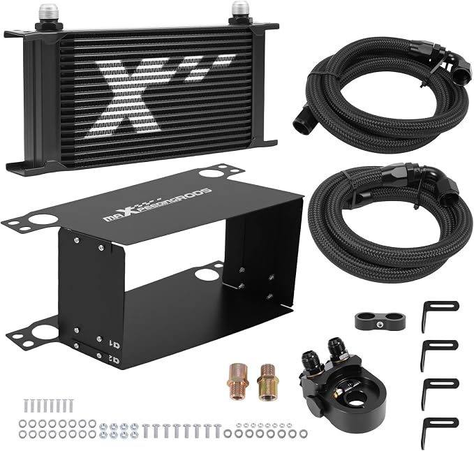 maXpeedingrods 19 Row Engine Oil Cooler Kit, 10AN Transmission Engine Cooler British Radiator Universal Aluminium Black, Thermostatic Oil Filter Sandwich Adapter, Air Guide Kit and Oil Cooler Hoses