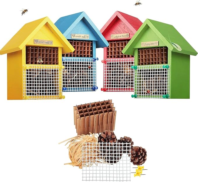 CEDAR ALPHA 4 Pack DIY Insect Hotel Kit, Backyard Insect House, Solid Wood 5.9"x 7.7"x 4.7", UVcoating Painted, Bee House, Nesting Habitat Shelters, Garden Shelter for Bees, Butterflies, Bugs