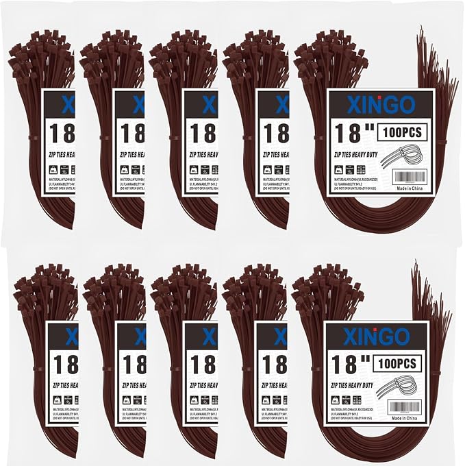 XINGO 1000PCS 18 Inch Brown Zip Ties Heavy Duty, 60lb Tensile Strength, UV Resistant Cable Ties for indoor and outdoor use