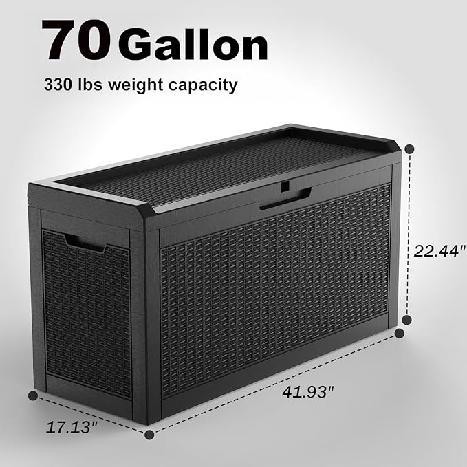 EasyUp 70 Gallon Deck Boxes Outdoor Waterproof, Resin Outside Storage Box for Patio Cushion Furniture Pool Accessories Garden Tools Indoor Outdoor Storage Bench (70 Gallon, Black)