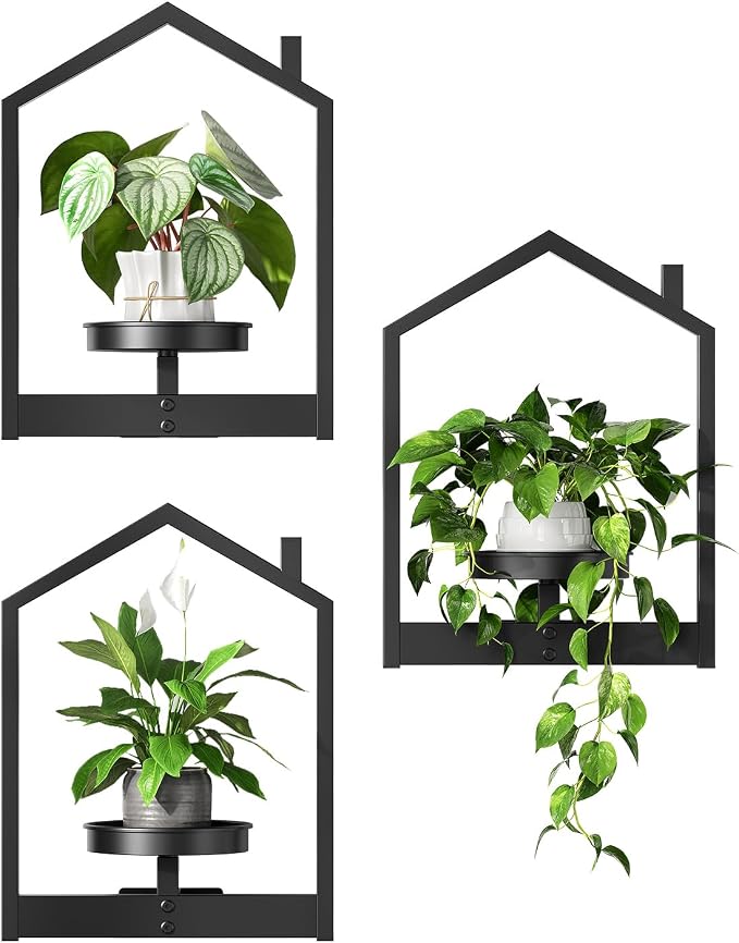 HOOBRO Hanging Planters for Indoor Plants, Wall Plant Holder Set of 3, Plant Hanger Indoor Window Plant Shelves, Metal Frame, Space Saving, for Living Room Outdoor Entryway, Black BK08HJP301