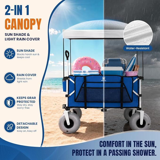 Navatiee Beach Wagon with Big Balloon Wheels for Sand, 200L Extra Large Beach Cart with Canopy, 440Lbs Heavy Duty Folding Wagon Collapsible with 9" Tires & Side Pocket for Beach, Outdoor, Blue
