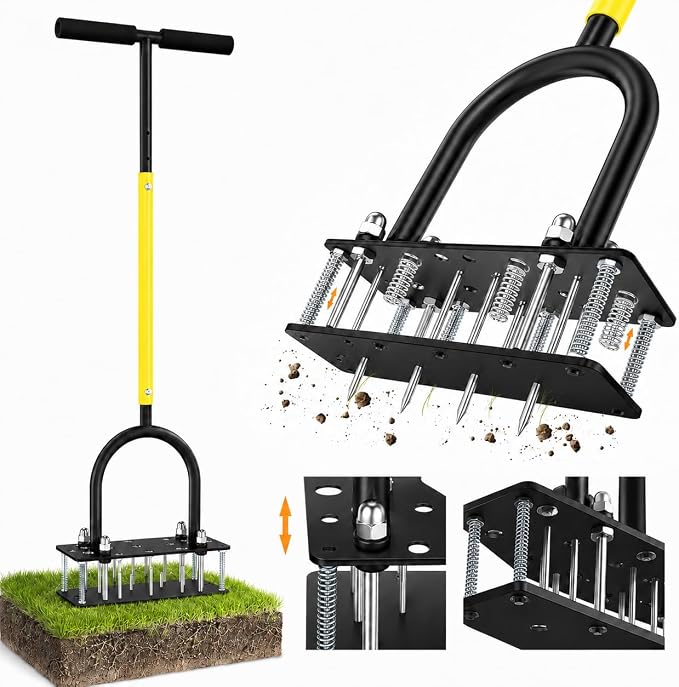 Manual Lawn Aerator Tool with 15 Spikes, 32"-35" Adjustable T-Handle,15-Spike Grass Aerator for Yard Care