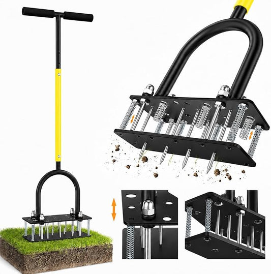 Manual Lawn Aerator Tool with 15 Spikes, 32"-35" Adjustable T-Handle,15-Spike Grass Aerator for Yard Care