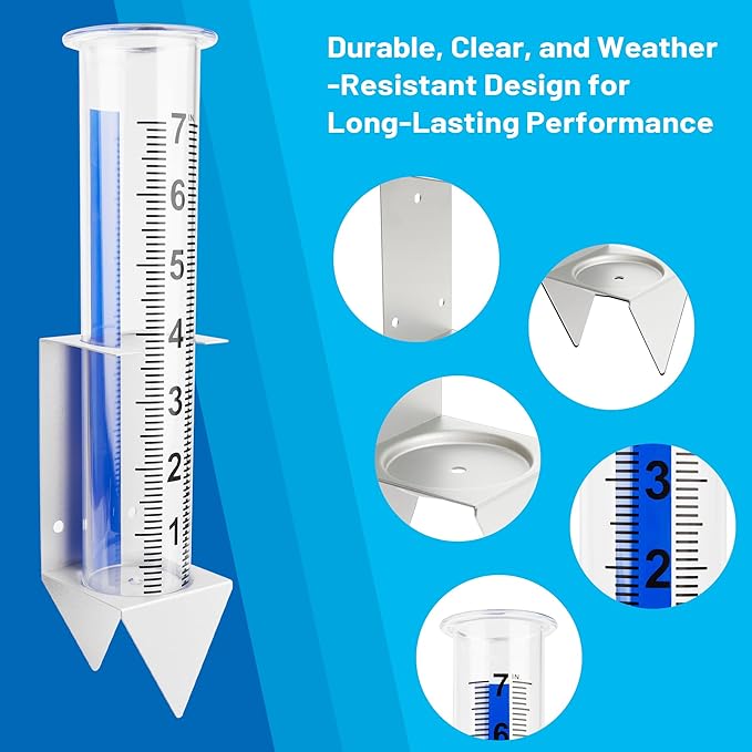 Rain Gauge Outdoor with Bracket, 7 Inch Easy-Read Removable Tube, 4 Mounting Options for Fence, Rail, Post, Planter or Ground, Silver