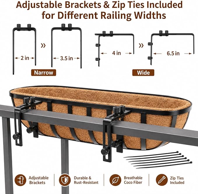 Railing Planter Boxes 30 Inch 4 Pack, 2-in-1 Heavy Duty Adjustable Hanging Window Box Planters with Coco Liners and Support Rods for Deck, Porch, Patio, Outdoor Garden