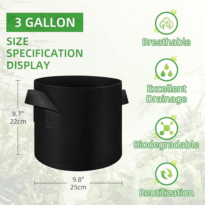 LITLANDSTAR 50 Pack 3 Gallon Plant Grow Bags, Breathable Felt Non-Woven Aeration Fabric Plant Grow Pots, Garden Planting Containers for Nursery Vegetable Flower Grow Bags with Handles (9.8x8.7nch)