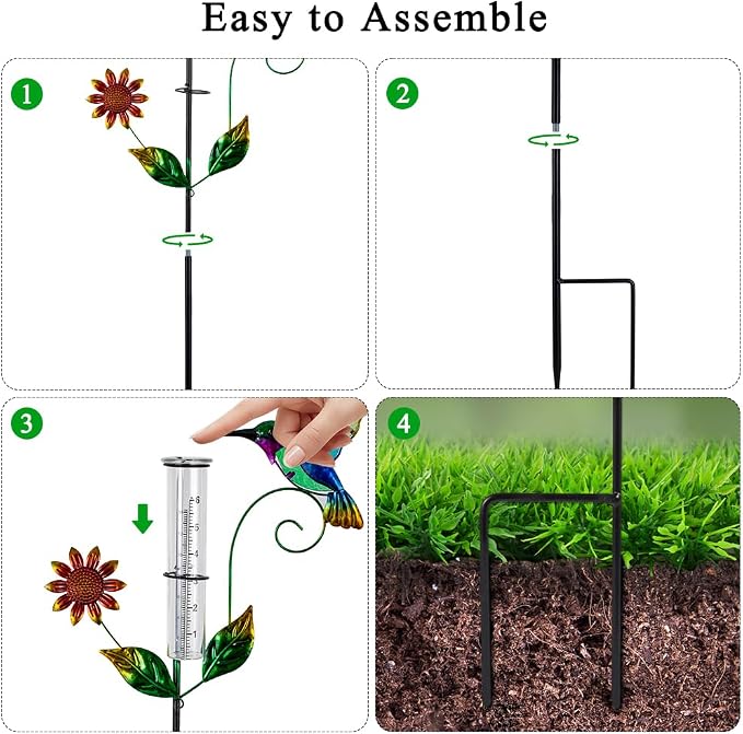 Rain Gauge Outdoor, 3 Pcs Hummingbird & Dragonfly & Butterfly Rain Gauges with 6" Plastic Tube, Metal Decorative Garden Stakes for Yard Patio Lawn Decor