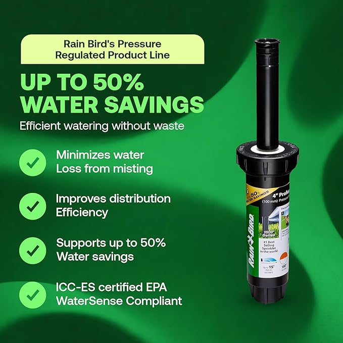 Rain Bird 1804HDPRS Pressure Regulated 1800 Series Dual Spray 4 Inch Pop Up Sprinkler Head, 4 Pack -Water Efficient Lawn Sprinkler with 180 Degree Half Pattern, 1/2 Inch NPT Up to 15 Ft Spray Distance