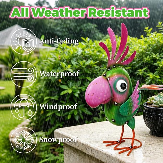Metal Parrot Statue Outdoor Garden Decor,15" Bird Decor Yard Statue Decorations Outdoor,Funny Parrot Sculpture for Patio, Lawn, Backyard(Green and Pink)