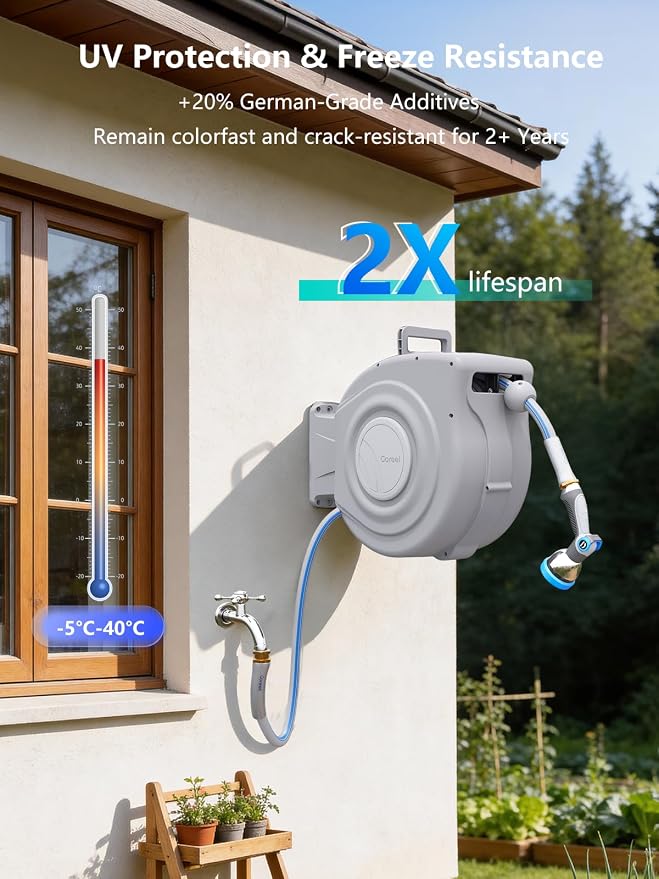 Retractable Garden Hose Reel 1/2 in x 65 ft Heavy Duty Automatic Water Hose Reel with 10-Function Sprayer Nozzle Kink-Free Auto Rewind Any-Length Lock 180° Swivel UV Resistant - Light Gray