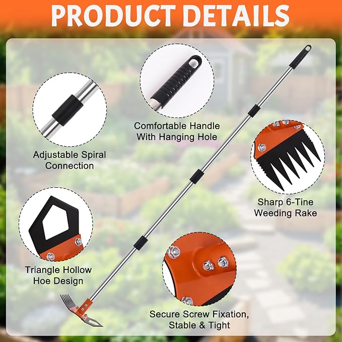 Weed Puller Tool with Long Handle, 60" Manual Weed Remover Tool, 2-in-1 Weeder Rake and Hoe Garden Tool, Uprooting Weeding Tool for Yard, Lawn, Patio, Garden