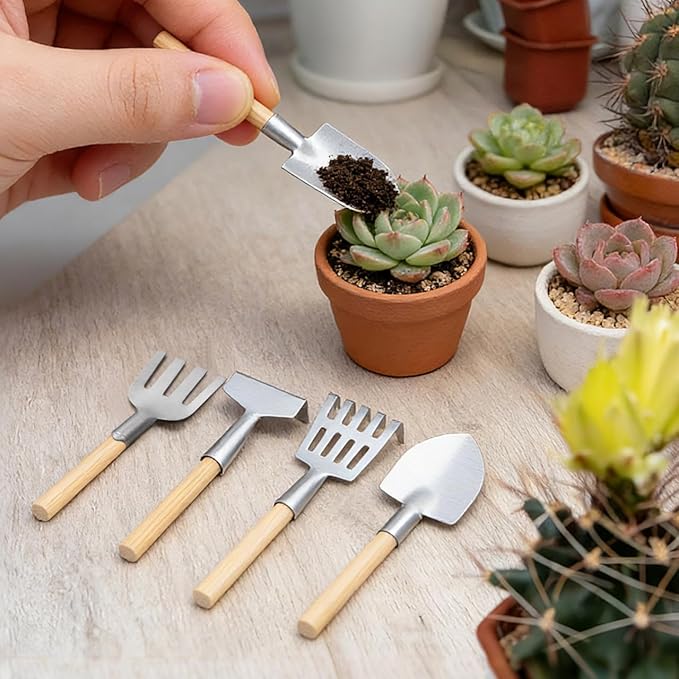 10-Pack Miniature Garden Tool Set, 3-Inch Mini Shovel Fairy Garden Accessories, Rustic Metal & Wood Tiny Tools for Dollhouse, Terrarium, Planter Decor, Zen Set