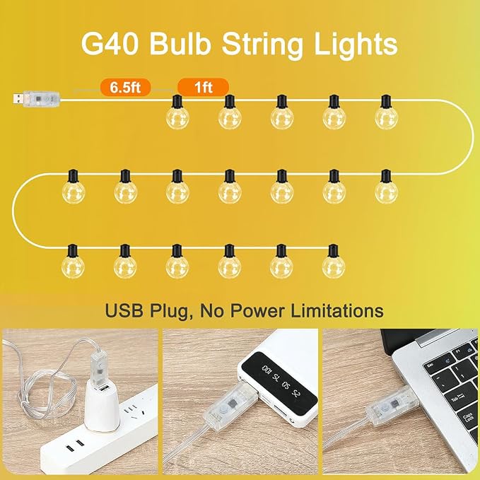 Outdoor String Lights USB plug in, 25ft 20 G40 Bulbs LED Color Changing Hanging Lights Dimmable with 220+ Scene Modes, App Control, IP65 Waterproof Globe Bulb for Patio Backyard Balcony Decor