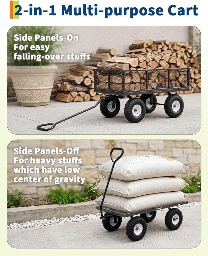 Garvee Versatile Outdoor Utility Cart - 800LBS Heavy-Duty, 10" All-Terrain Pneumatic Tires, Easy Maneuverable Lawn Cart with Removable Mesh Panels for Gardening & Landscaping, Grey