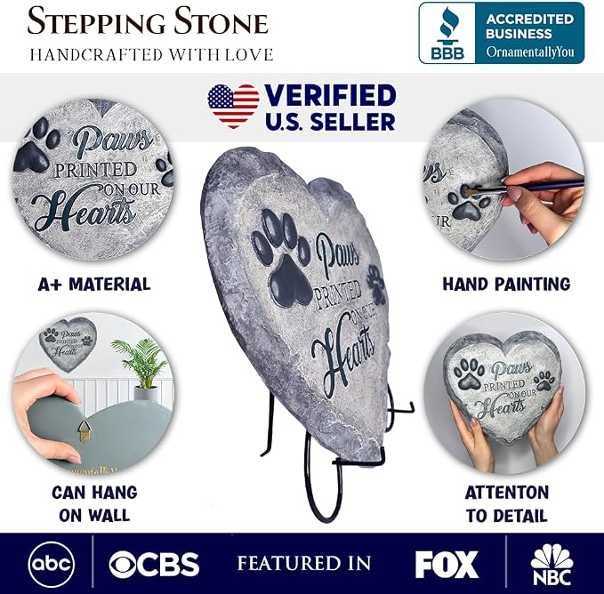OrnamentallyYou Elegant Resin Stepping Stone, Outdoor Garden Pathway Decoration (Paws Printed on Our Hearts Memorial Stepping Stone for Pet, 9.5" Dog Funeral and Pet Cemetery Decor)