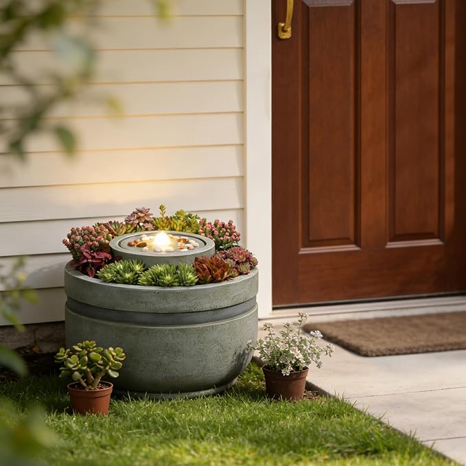 18" H Water Fountain Outdoor Bubbler Water Feature Outdoor with Lights and Built-in Planter Zen Garden Water Fountains for Patio Porch Deck Backyard Home Decor