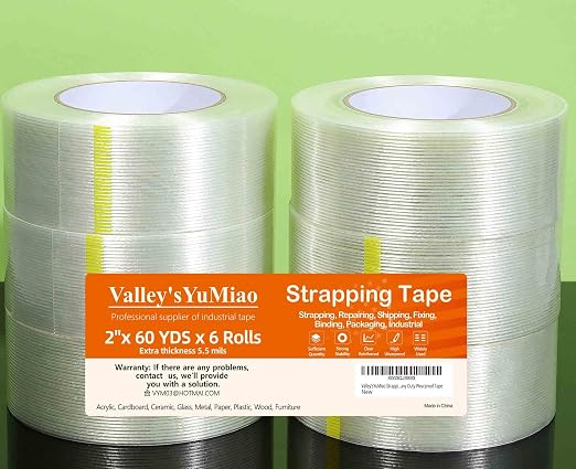 Valley'sYuMiao 6 Pack Mono Filament Strapping Tape, 2 in×60yds, Reinforced Strapping Fiberglass Packing, Clear Heavy Duty Wearproof Tape, Extra Thickness 5.5 mils