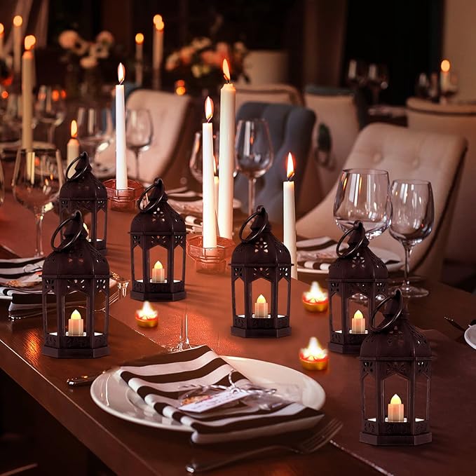 Hortsun 24 Pcs Vintage Lanterns Mini Lantern for Wedding Table Centerpiece Retro Decor with LED Candle Battery Powered Hanging for Medieval Wedding Cowboy Halloween Party Decoration Supplies(Black)