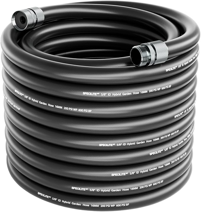 SPECILITE Garden Hose 100 ft x 5/8 in, Custom-Length Water Pipe, Heavy Duty & Flexible Hybrid Rubber Hoses, No Kink, with 3/4'' Male to Female Fittings, Burst 600 PSI, for Yard, Car Wash, Farm, Reels