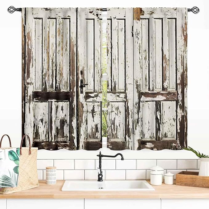 Rustic Wooden Curtains, Farmhouse Old Barn Door Country Cottage Western Barnwood Garage Printed Blackout Window Drapery Treatments for Kitchen Living Room Bedroom 2 Panels Set, 55x39 Inch