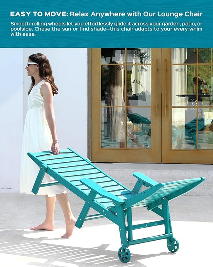 Ciokea Lounge Chair Outdoor, Oversized Chaise Lounge Chair with 5 Positions, HDPE, Patio Lounge Chair with Wheels & Cup Holder for Pool, Deck, Poolside, Lake Blue