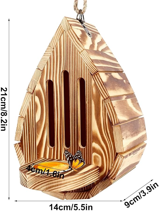 Teardrop-Shaped Wooden Butterfly Habitat & Feeder | Butterfly House and Feeder, Hangable Habitat Supports Breeding, for Backyard Balcony Yard Wedding Enthusiasts Gardeners Professionals Hobbyists