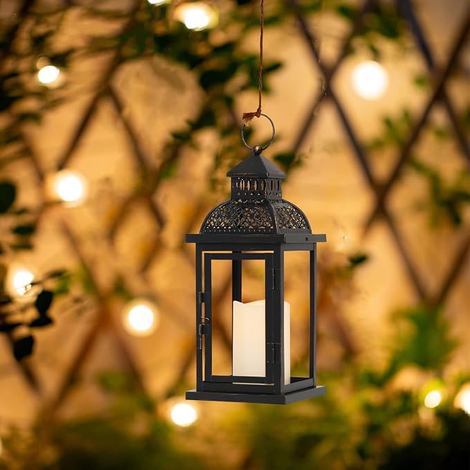 NEEDOMO Lanterns Decorative Indoor & Outdoor, 15'' Lantern with LED Candle, Vintage Metal Hanging Lanterns for Patio, Front Porch,Yard, Table, Spring (NO Glass)
