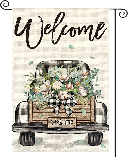 AVOIN colorlife Welcome Spring Truck Garden Flag 12x18 Inch Double Sided, Cotton Rustic Buffalo Plaid Yard Outdoor Flag