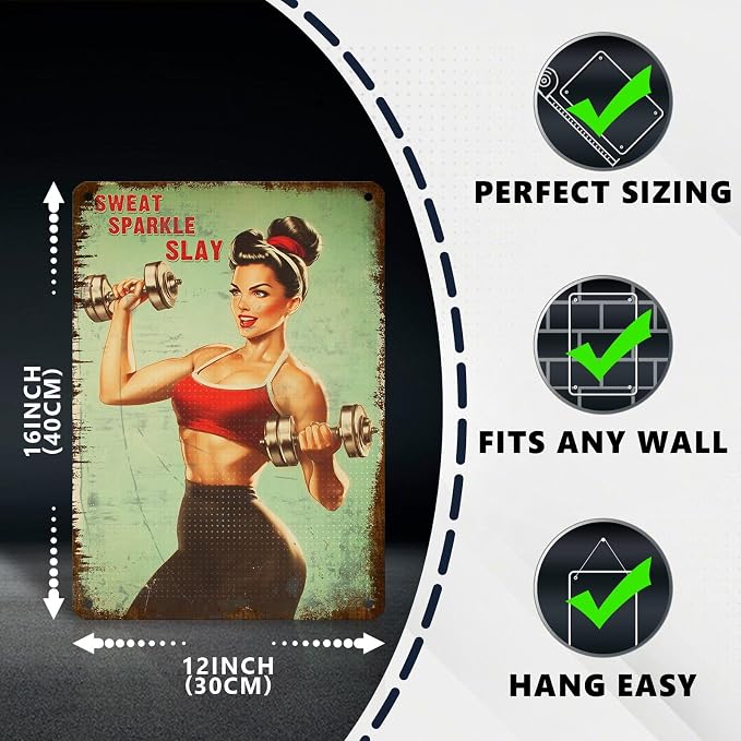 Fitness Girl with Dumbbells Motivational Wall Art Poster Sweat Sparkle Slay Tin Sign Gym Decor for Home & Office Decor Bedroom Bathroom Cafe 12X16Inch