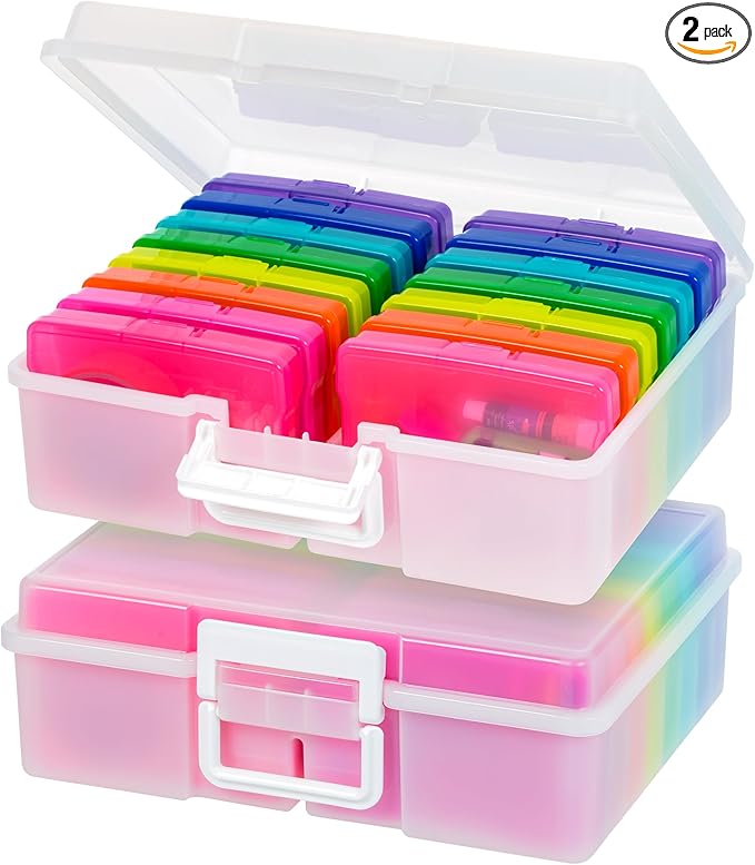 IRIS USA 4" x 6" |Made in USA| 2-Pack Photo Organizers and Picture Storage Box with Handle, 16 Inner Cases/Containers for Tasks, Stickers, Ephemera, & Flashcards - Pearl/Multi-Color