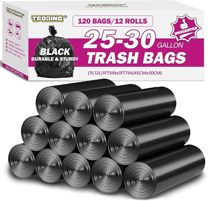 25-30 Gallon Trash Bags Unscented, 31'' x 35'', Black, 120 Count | Large 20+ Gal Garbage Bag,Plastic Can Liners,Fit 93 - 112 Liter Bins,Multipurpose for Home, Office, Daily Household Use