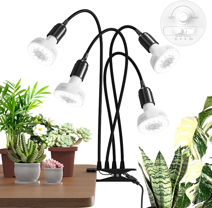 Barrina Orbgrow OG11A4 Clip On Grow Lights for Indoor Plants, Integrated Stepless Dimming & Timing, 5000K 44W(4 x 11W, 400 Watt Equiv), Full Spectrum 4-Gooseneck with E26 Plant Light Bulbs