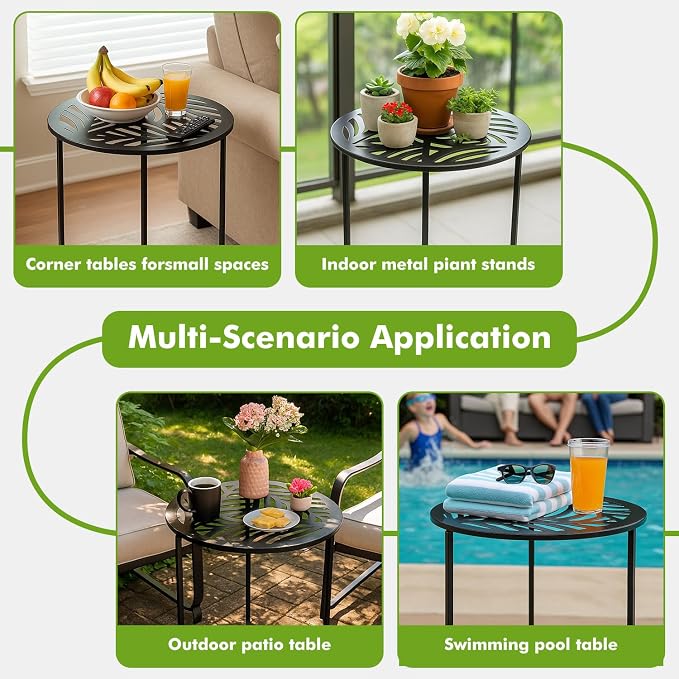 Extra-large Metal Side Table 17.7 Inches Heavy-duty Black Outdoor Patio Garden End Table Round Accent Corner Stand for Small Space Weather-resistant Coffee Table for Balcony Porch Plant Stand, Black