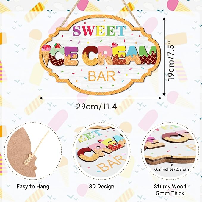 HOURIA Colorful 3D Ice Cream Summer Wooden Sign (11.4”x7.5”), Vintage Sweet Ice Cream Bar Sign Hanging Plaque,Sweet Summer Themed Wall Decor for Birthday Party Shop Holiday Home Decor
