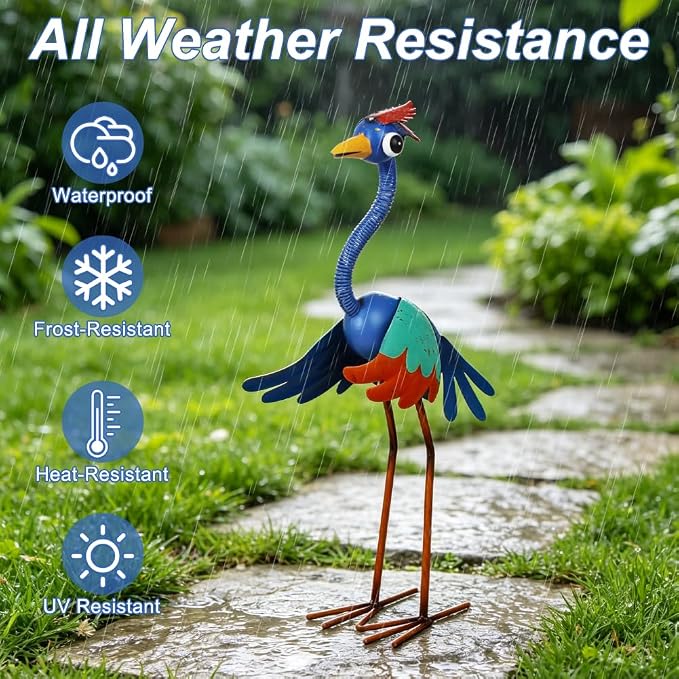 Metal Wacky Heron Garden Statue, 19‘’ Crane Garden Decor for Outside, Bird Yard Art for Outside, Patio, Backyard, Lawn (Blue & Cyan)