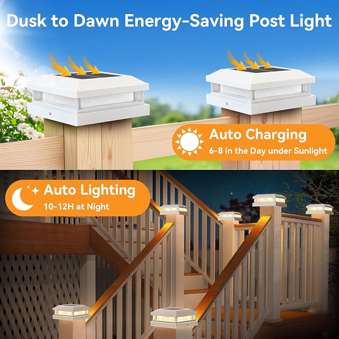 Brightever 4x4 Solar Post Cap Lights Outdoor, Waterproof 16LEDs Solar Powered Deck Post Light with Warm White/Cool White, Solar Fence Lights for 5x5 Wooden/Vinyl Post in Garden, Patio, Porch, 6 Pack