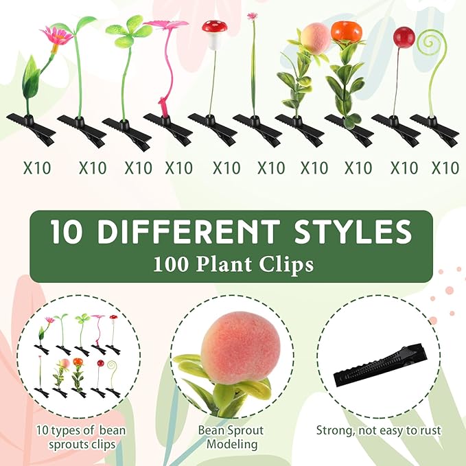 Tigeen 100 Pieces Bean Sprout Hair Clip Funny Plant Hairpins Grass Flower Butterfly Mushroom Hair Accessories (Assorted)