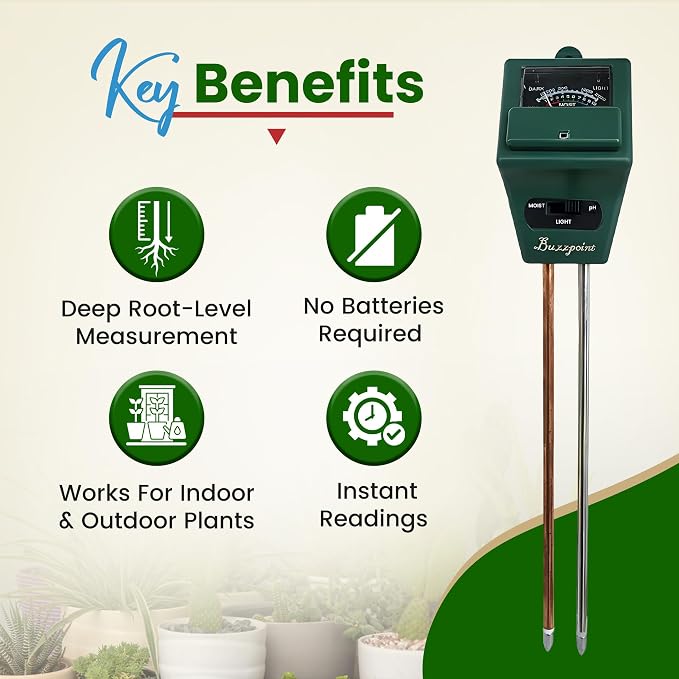 3-in-1 Soil Tester for Moisture, pH & Light – Battery-Free Analog Plant Care Meter with Stainless Steel Probe – for Indoor & Outdoor Gardening, Lawn & Garden Plants