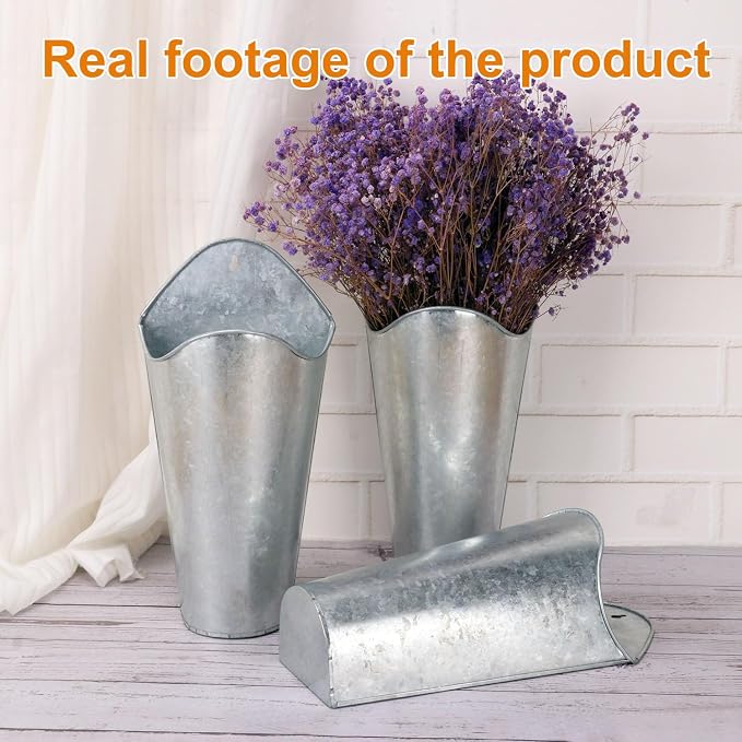 6 Pack 12 Inch Tall Galvanized Metal Wall Planter, Metal Wall Vases, Galvanized Hanging Wall Vase Planters for Flowers,Rustic Home Wall Decor, Farmhouse Decor