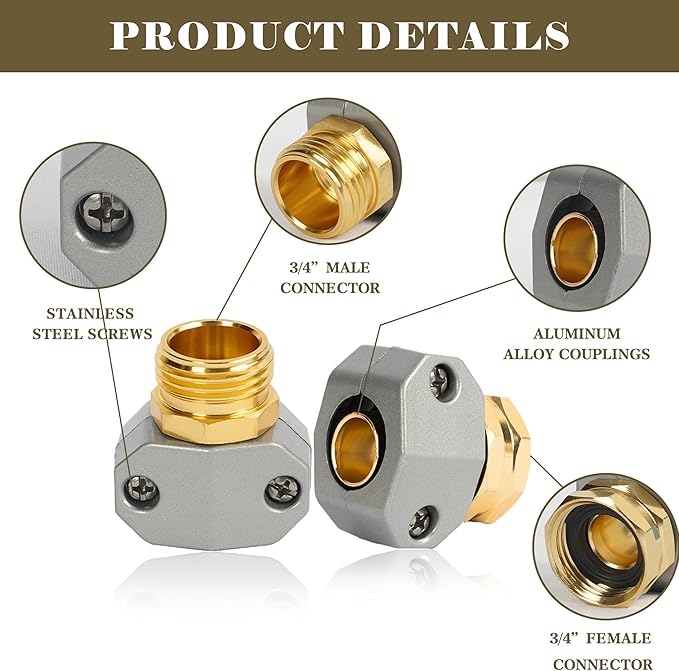 LIULO TOOL Garden Hose Repair Kit, 5 Sets Aluminum Alloy Garden Hose End Mender Kit with Zinc Clamp, Male and Female Repair Connector Fittings Fit 3/4 Inch and 5/8 Inch